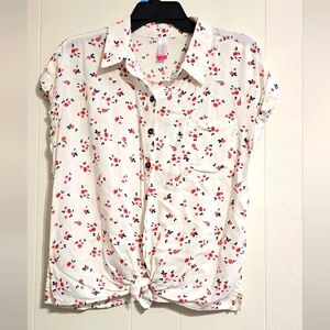 No Boundaries Flower Print Short Sleeve Blouse, Size L